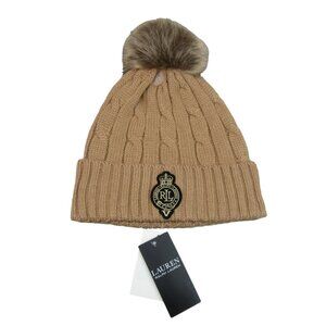 Lauren Ralph Lauren Crest-Patch Pom Pom Cable-Knit Beanie NEW